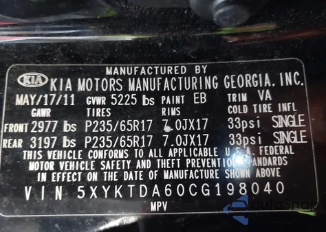 2012 Kia Sorento Lx из США, поврежденный, VIN 5XYKTDA60CG198040